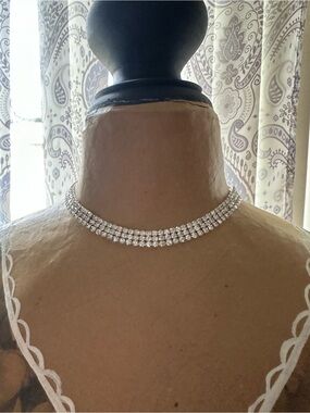 Crystal Pave 3-Row Choker Necklace - Silver Tone bracelet and earrings